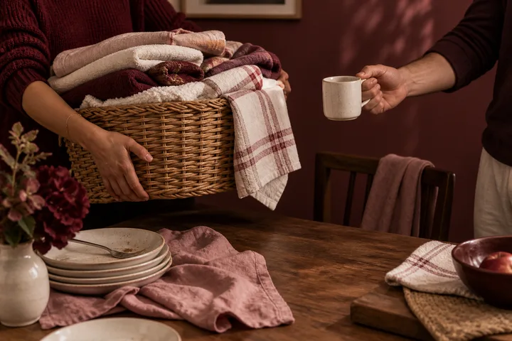One partner carries a full laundry basket while the other offers a mug, an intimate scene about visible help versus shared responsibility.