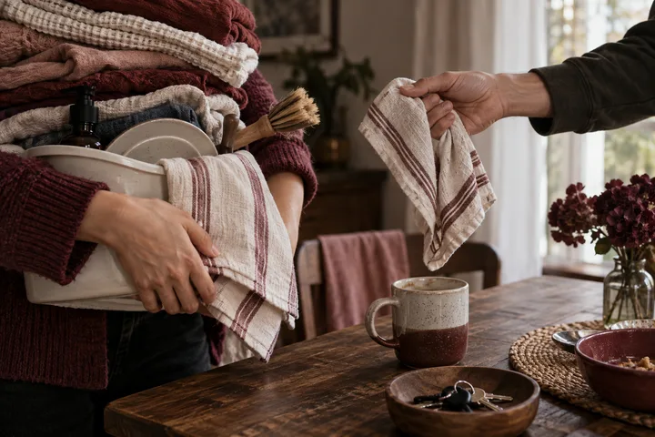 A hand offers a tea towel beside folded laundry, dishes, keys, and a bowl on a warm burgundy dining table, suggesting a negotiated household routine.
