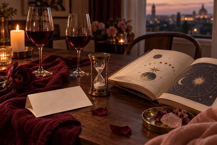 Candlelit relationship still life with two wine glasses, an hourglass, and an illustrative astrology chart on an open book