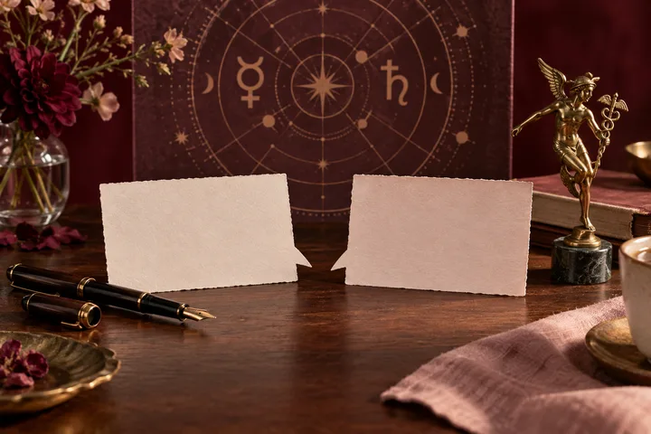 Two blank dialogue cards facing each other beside fountain pens and illustrative Mercury and Saturn astrology symbols