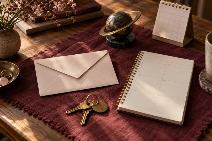Burgundy editorial still life contrasting a blank envelope with a planner, keys, and a ringed stone for grounded relationship planning