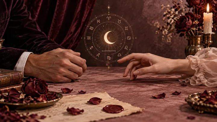 Two hands reach toward an illustrative crescent-moon zodiac wheel across a burgundy table set with roses and candlelight.