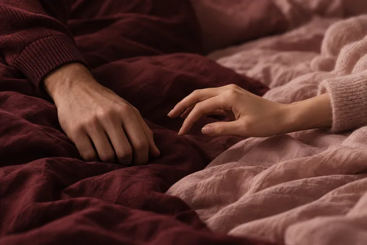 Two hands hover near each other across rumpled burgundy and blush bedding, showing closeness that has not quite become contact.