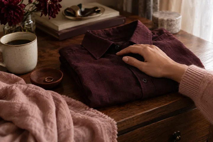 A folded burgundy shirt, coffee, flowers, and a woman's hand on a wooden table suggest affection remembered through ordinary details.