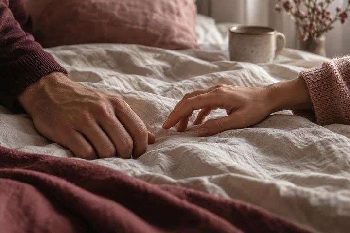 A man's hand and a woman's hand rest apart on pale rumpled sheets, with a mug and soft morning light beyond them.