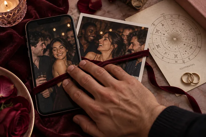 A hand partly covers a phone showing a woman with male friends; an illustrative birth chart, roses, rings, and a burgundy ribbon sit beside it.