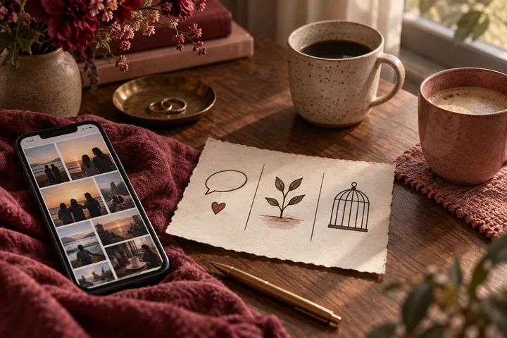 A phone showing a photo gallery sits between two coffee cups, a heart-marked card, a growing plant, and an open birdcage, suggesting room for trust.
