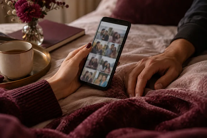 A woman holds a phone filled with blurred group photos while a partner’s hand rests nearby during a tense conversation about what to post.