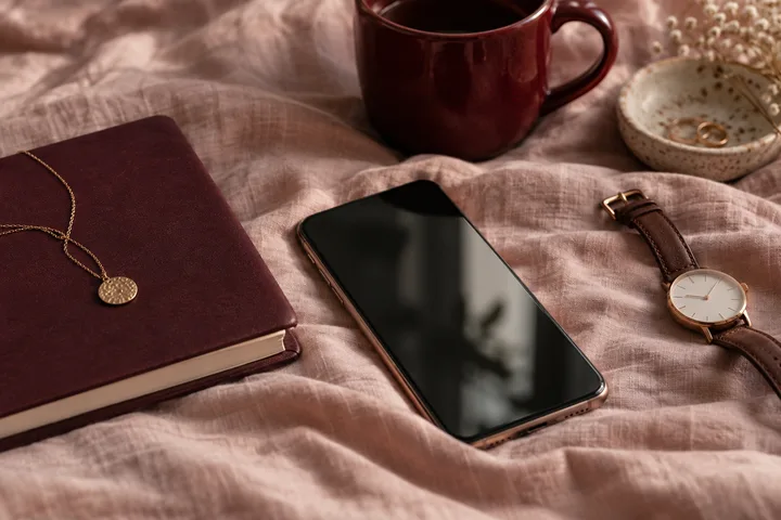 A dark phone rests untouched on blush bedding beside a burgundy notebook, necklace, wristwatch, and rings, capturing a pause before replying.