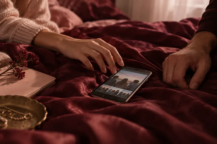 Two people reach toward a phone displaying group photos beside an open notebook, reviewing a shared online relationship agreement.