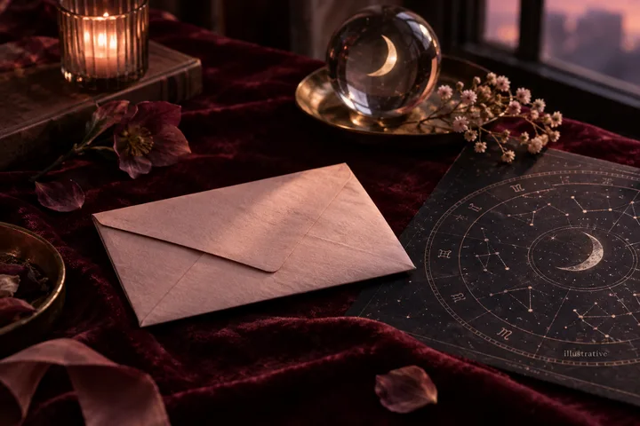 An unopened envelope rests beside an illustrative zodiac chart, a crystal moon sphere, candlelight, and burgundy flowers.