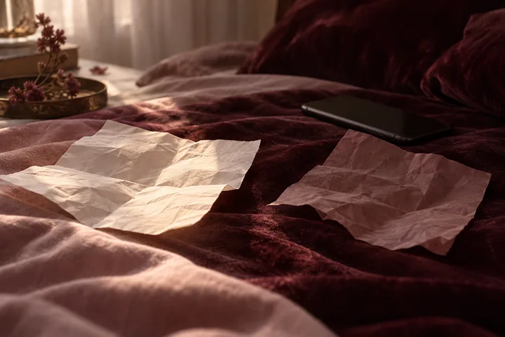 A dark phone lies on a burgundy bedspread beside several crumpled sheets of paper, suggesting an unanswered vulnerable message.