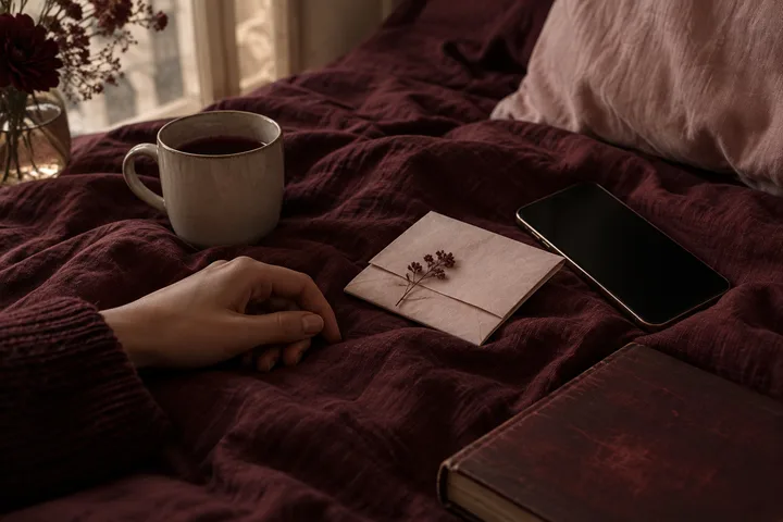A hand rests on burgundy bedding beside a dark phone, folded envelope, and closed book, waiting for a response.