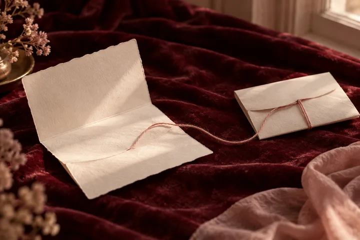 An open envelope and a tied envelope lie on burgundy bedding, suggesting a message that has been sent and a reply that has not arrived.