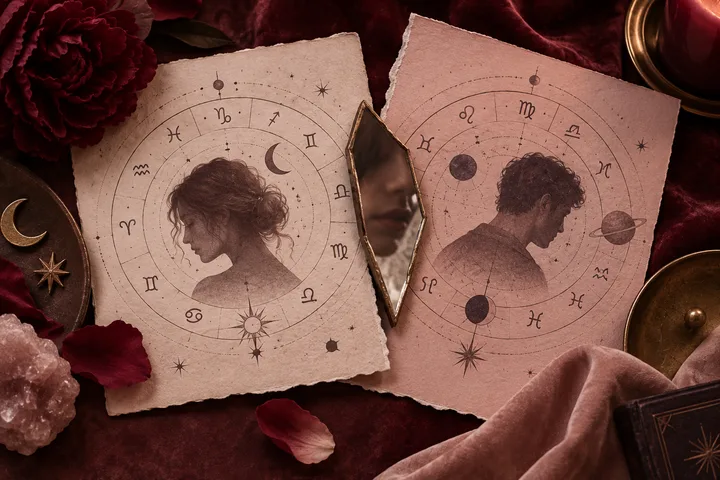 Intimate burgundy and blush still life symbolizing a woman deciding whether a man's ex-comparisons belong to his past or his present conflict style.