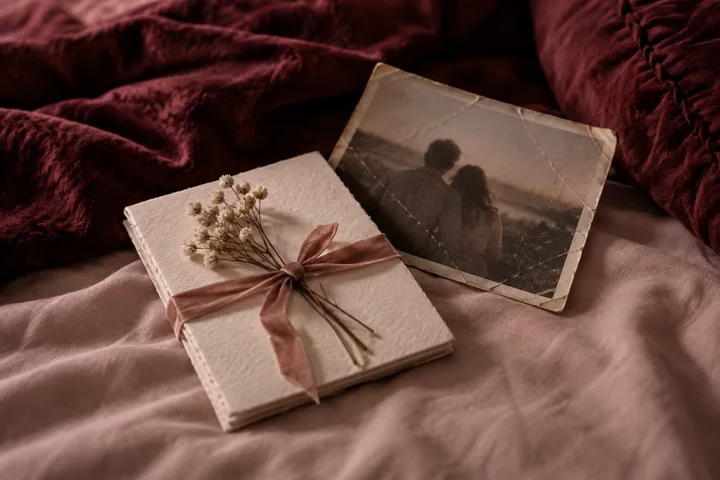 Burgundy and blush editorial still life showing a present-tense relationship choice beside an intimate written conversation.