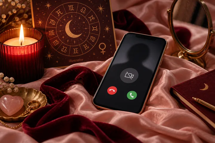 A smartphone with a dark call screen rests on pink satin beside a lit red candle, a zodiac chart, a mirror, jewelry, and burgundy accessories.