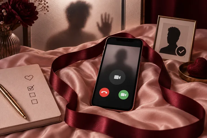 A smartphone displays a blurred silhouette with video-call controls on pink satin, beside a checklist notebook, ribbon, flowers, and a framed silhouette.