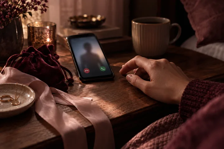 A hand reaches toward a smartphone showing a blurred silhouette on a wooden table with a candle, mug, flowers, fabric, and jewelry.