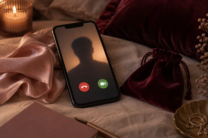 A smartphone showing a blurred silhouette and red and green call buttons lies on a bed beside a candle, satin ribbon, burgundy pouch, and jewelry dish.