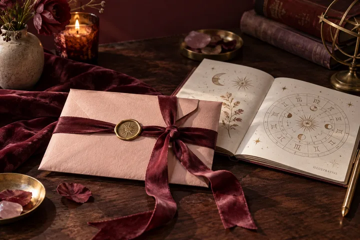 Burgundy-and-blush relationship still life with an illustrative zodiac chart framing a changed commitment