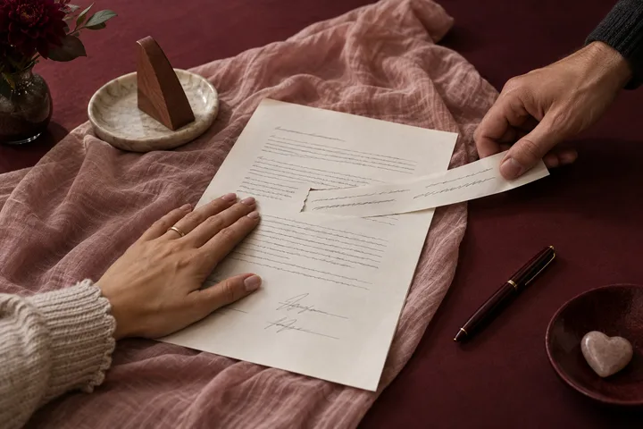 Burgundy-and-blush editorial still life contrasting two relationship choices beside an illustrative chart
