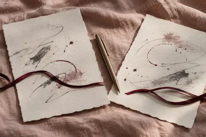 Close-up burgundy-and-blush still life about relationship tension, choice, and an illustrative zodiac chart