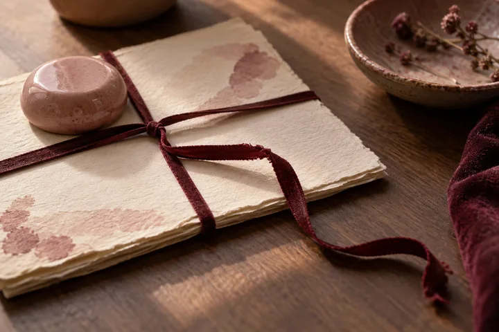 Burgundy-and-blush still life showing a paused commitment and a clear next decision beside an illustrative chart