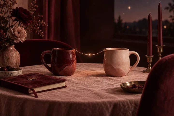 Two ceramic mugs sit on a table with a small glowing point between them. A vase of flowers, a closed book, two candles, and a shallow dish complete the still life beside a dark window.