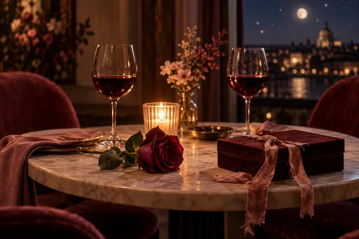 A candlelit table with two glasses of red wine, a red rose, flowers, and a ribbon-tied box beside a window overlooking a lit city at night.