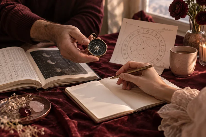 Hands share a compass over an open notebook beside an illustrative astrology chart and ephemeris.