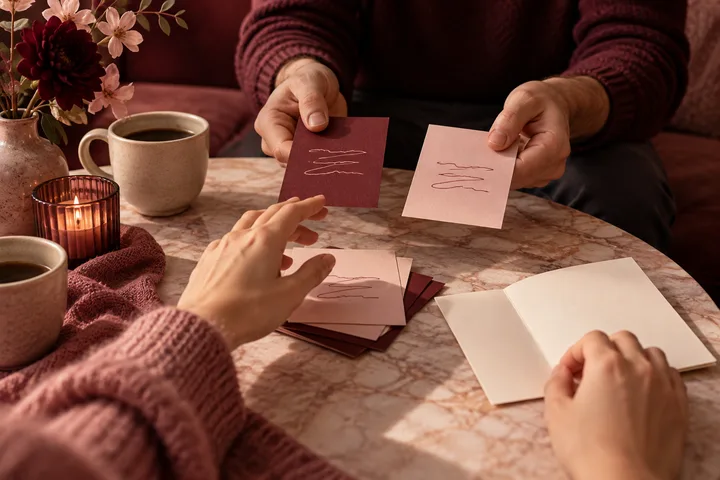 A couple compares handwritten options on burgundy and blush cards around a coffee table.