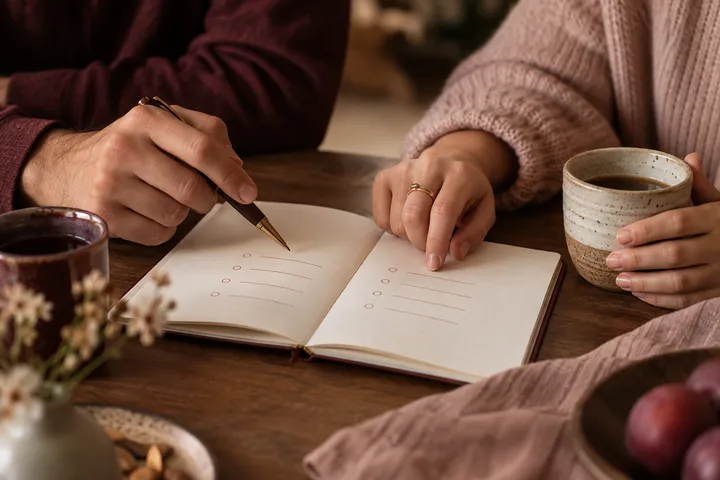 Two people mark separate lists together in an open notebook while weighing a shared choice.