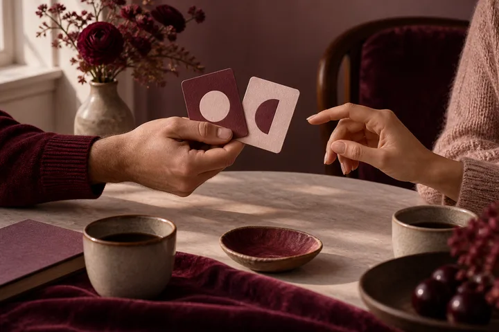 A couple holds matching burgundy and blush cards toward each other across a table.