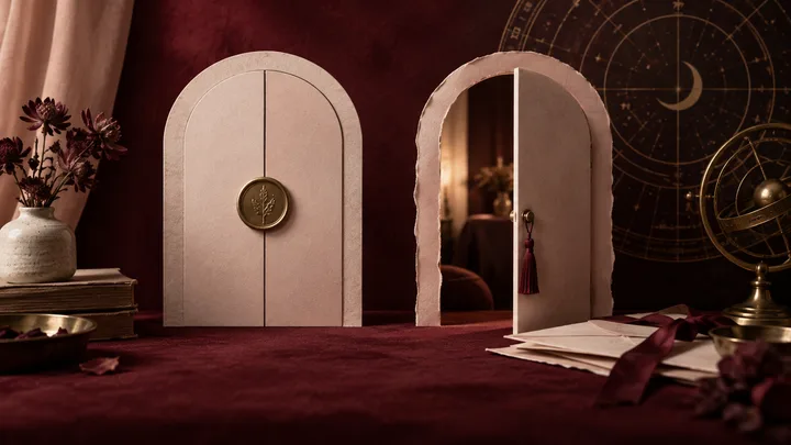 Burgundy editorial still life with two arched doors, one sealed and one ajar, beside letters and an illustrative astrological chart