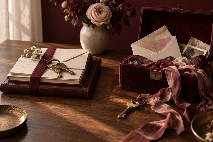 Burgundy and blush still life comparing neatly bound calendar, keys, and envelope with an open velvet box of loose letters, ribbon, and a second key