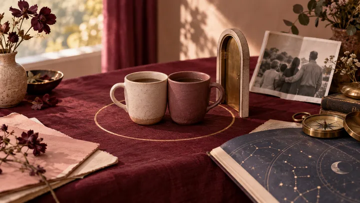 Two ceramic cups share a gold circle beside a family photograph, compass, and illustrative celestial chart on a burgundy table.