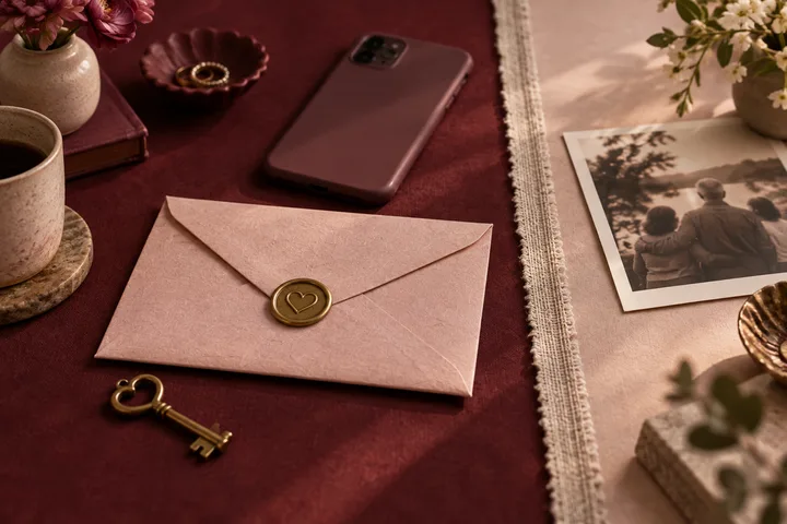 A sealed blush envelope, brass key, and face-down phone sit inside a burgundy boundary beside a family photograph.