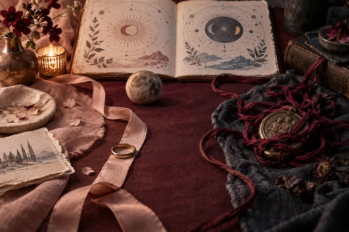 An illustrative celestial book, moon stone, wedding band, and tangled family medallion create a tactile comparison of connection and pressure.