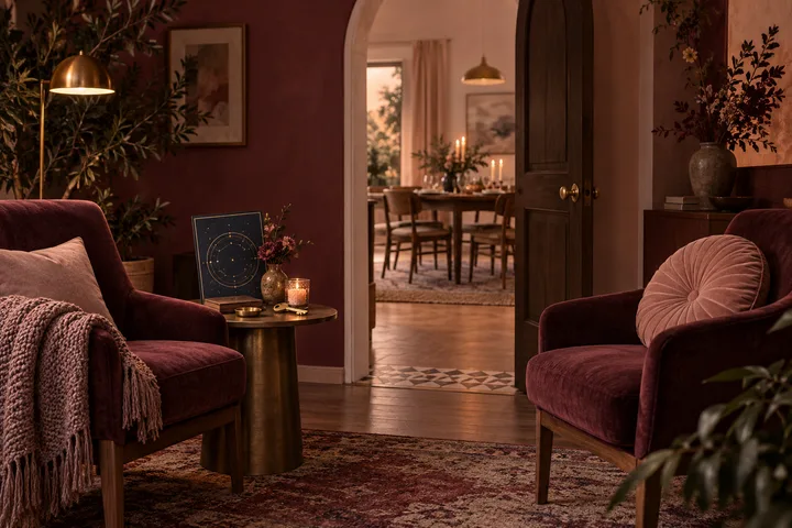 Two burgundy chairs face each other in a private room with a clear arched threshold to a softly lit family dining room.