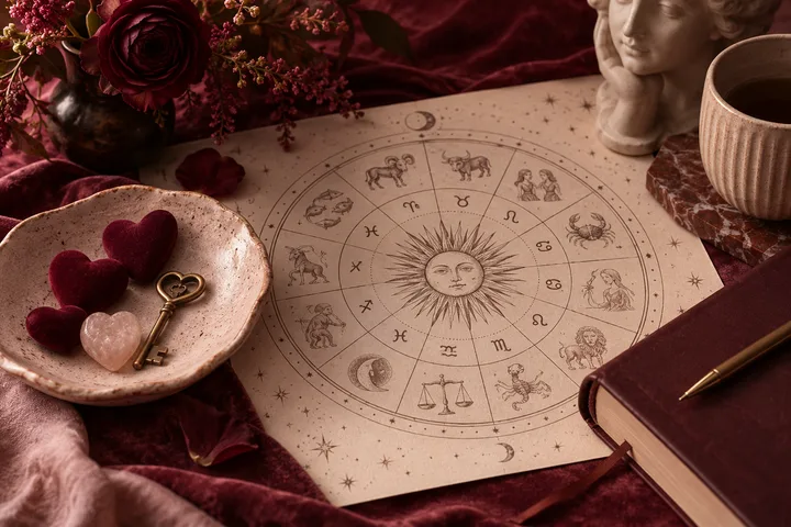 A zodiac wheel with a sun illustration lies among burgundy roses, heart-shaped stones, a small key, a book, and a ceramic bust.