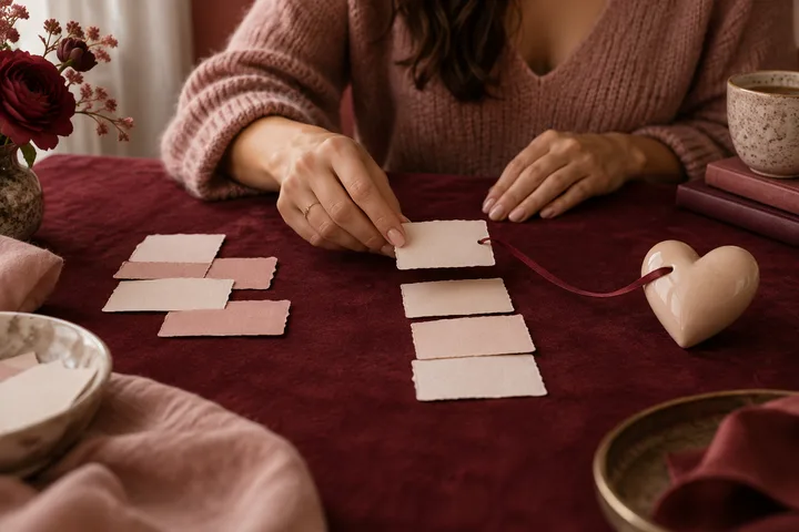 A person in a pink sweater selects a blank card from several cards on a burgundy table beside a ceramic heart.