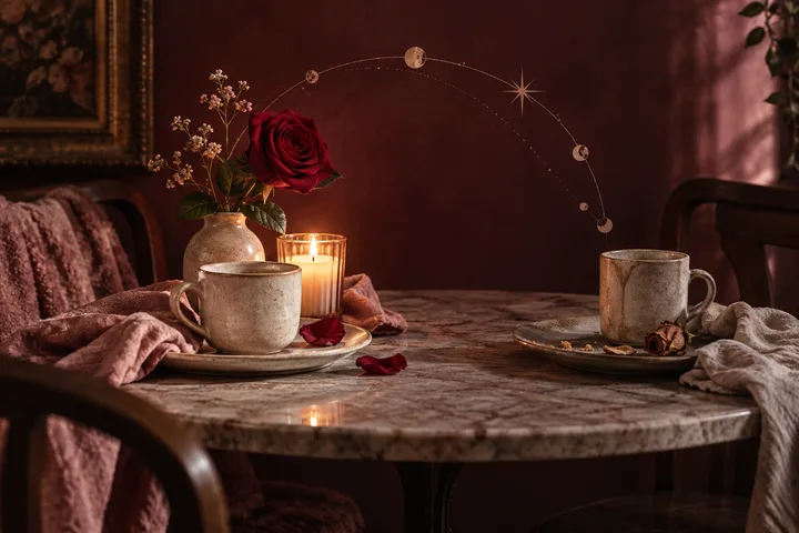 Two mugs sit across a marble table with a lit candle and red roses; a thin arc with moon-like circles is drawn on the burgundy wall behind them.