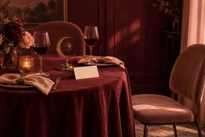 A candlelit burgundy table set for two with wine glasses, folded napkins, flowers and a crescent moon ornament.