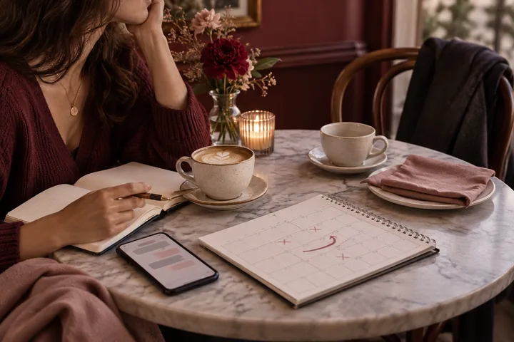 A person writes in a notebook beside coffee cups, a phone and a calendar marked with red crosses and an arrow.