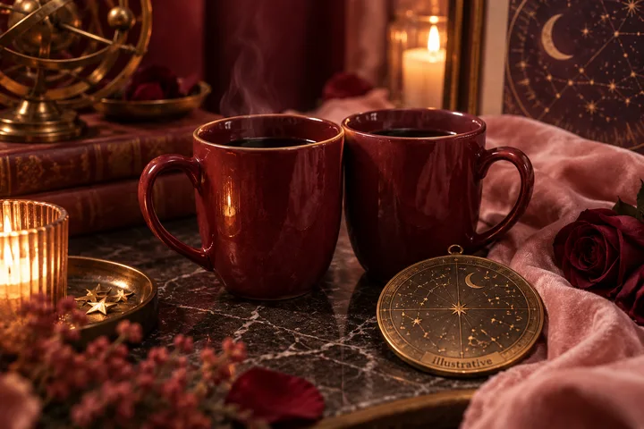 Two burgundy mugs sit beside a brass star chart, a red rose, candles, and a small celestial model.