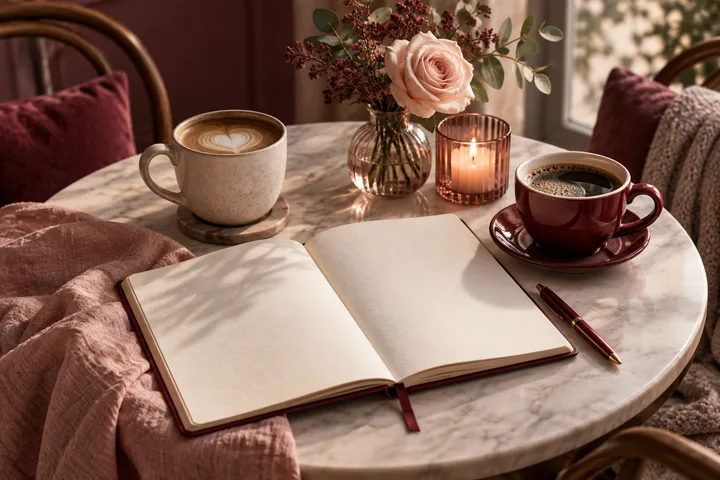 An open blank journal and pen sit on a round table with two cups, a vase of flowers, and a lit candle.