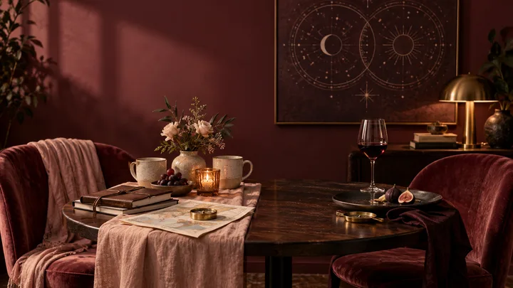 Burgundy and blush editorial still life of two places at an intimate table, shared objects on one side and an incomplete arrangement on the other, with an illustrative synastry chart in the background