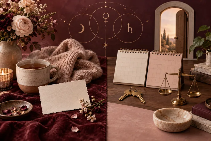 Split burgundy and blush tabletop still life contrasting tea, flowers, and a soft sweater with aligned blank calendars, paired keys, an open doorway, and an even brass balance scale