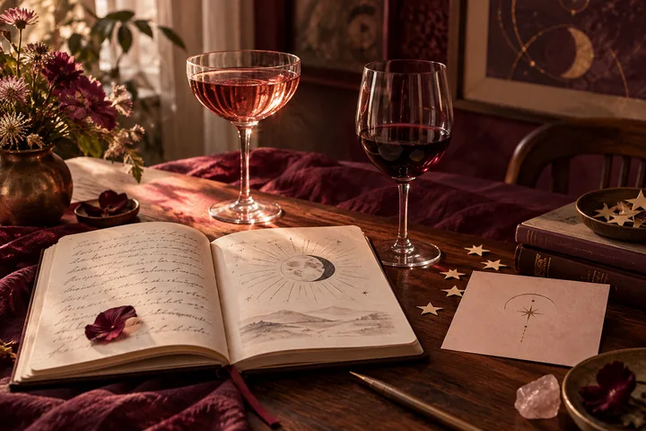 An open journal, two wine glasses, scattered stars, and an abstract moon chart arranged on a burgundy tabletop, suggesting the difference between admiration and genuine curiosity.